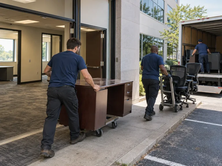 Crew wheeling office desks and chairs out to a box truck