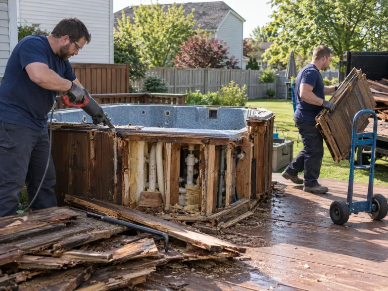 Crew cutting apart an old hot tub on a backyard deck