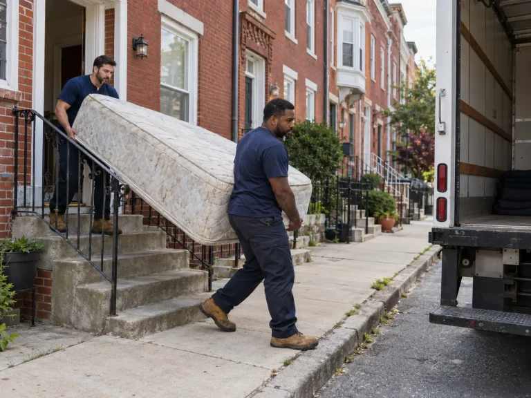 Crew carrying an old mattress down rowhouse steps to the truck