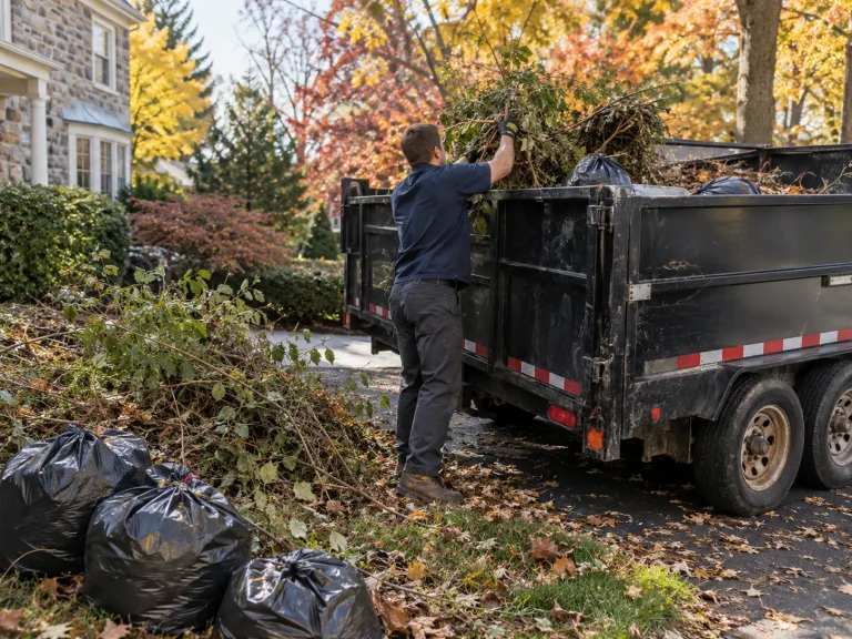 Worker loading brush and bagged leaves into a dump trailer