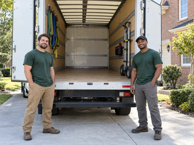 Two junk removal crew members standing at the open back of their box truck