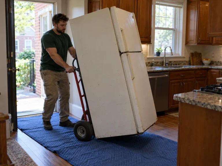 Worker moving an old refrigerator out of a kitchen on a hand truck