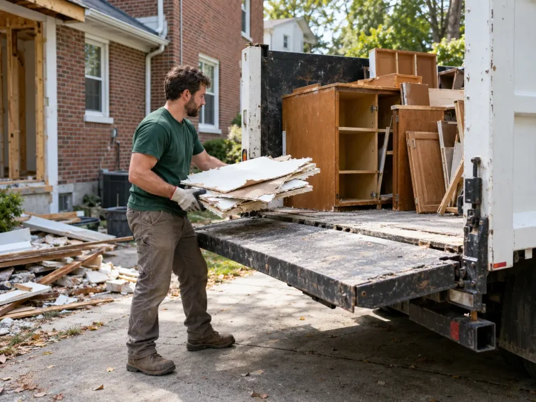 Worker loading broken drywall and lumber onto a truck lift gate