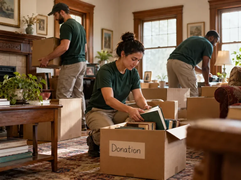 Crew sorting and boxing belongings during an estate cleanout