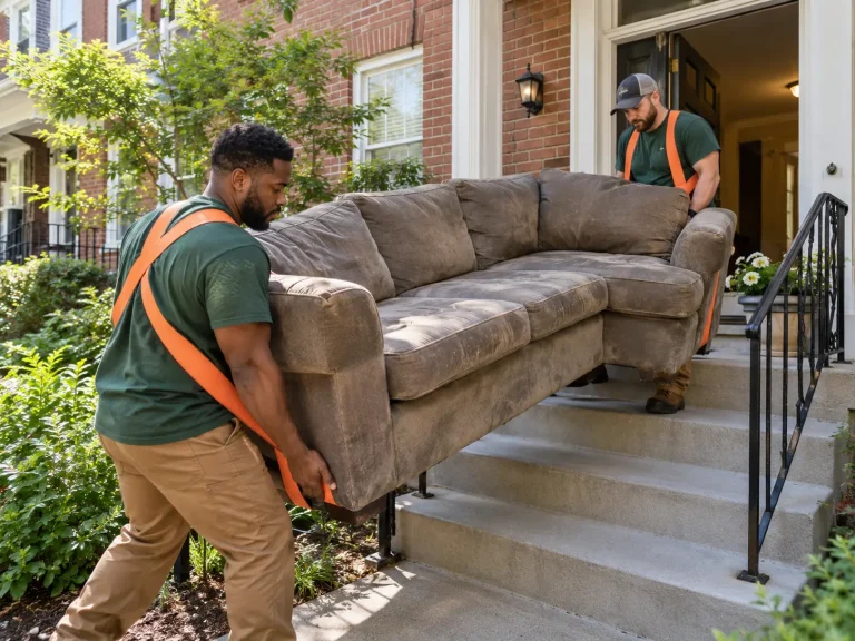 Two workers carrying a sectional sofa down brick front steps