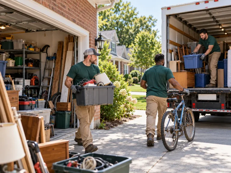 Crew clearing boxes and clutter from a garage into a truck