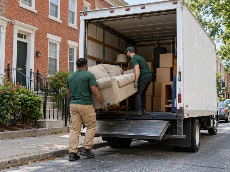 Junk removal crew loading a couch into a box truck on a Wilmington, DE rowhouse street