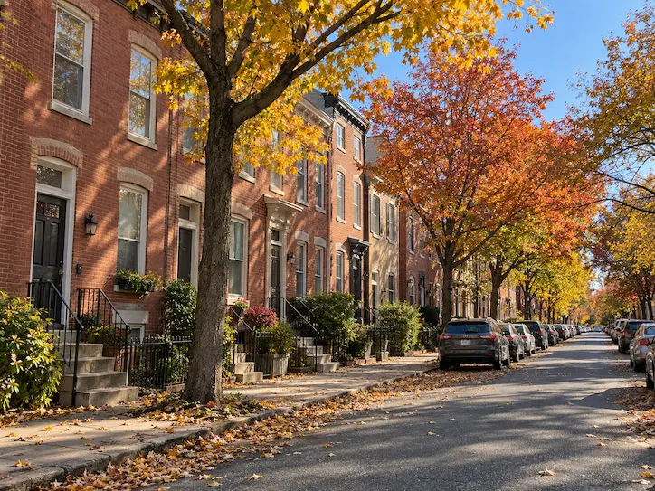 Tree-lined rowhouse street in Wilmington, Delaware in autumn